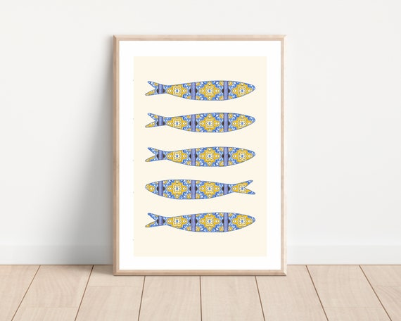 Portuguese Sardine Azulejo Art Print, Boho Mediterranean