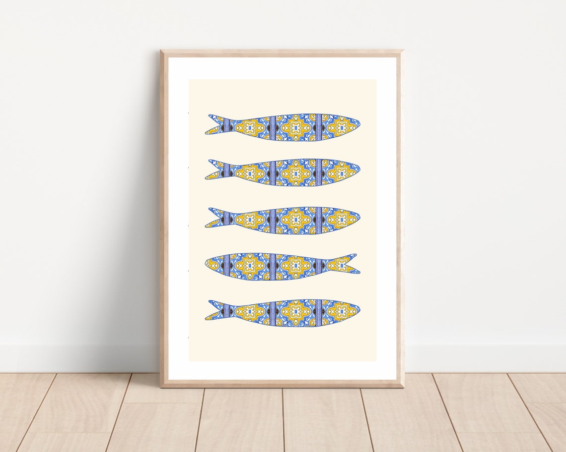 Portuguese Sardine Azulejo Art Print, Boho Mediterranean