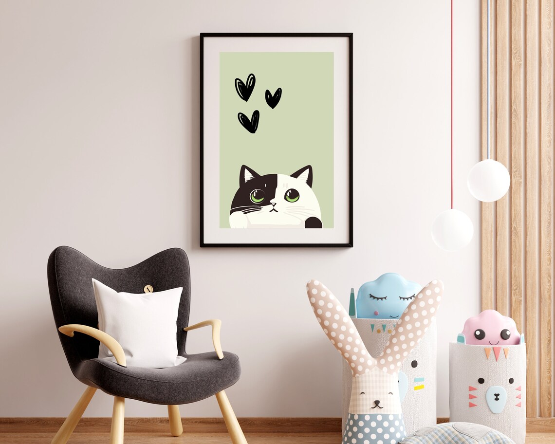Peekaboo Cat Green Eyes Hearts Cute Cartoon Kitten Nursery Wall Poster - Image 2