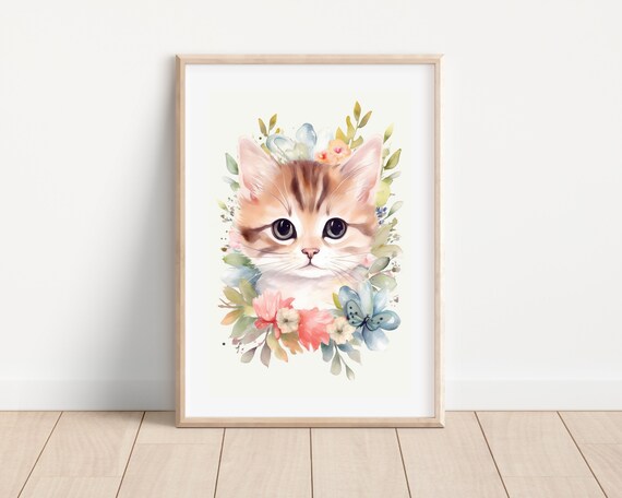 Cute Tabby Kitten Watercolor Floral Wreath Nursery Baby Room Wall Print