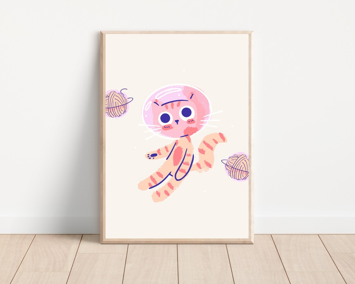 Boho Space Cat Nursery Art Print, Astronaut Cat