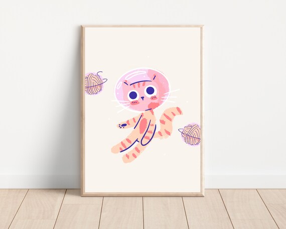 Boho Space Cat Nursery Art Print, Astronaut Cat