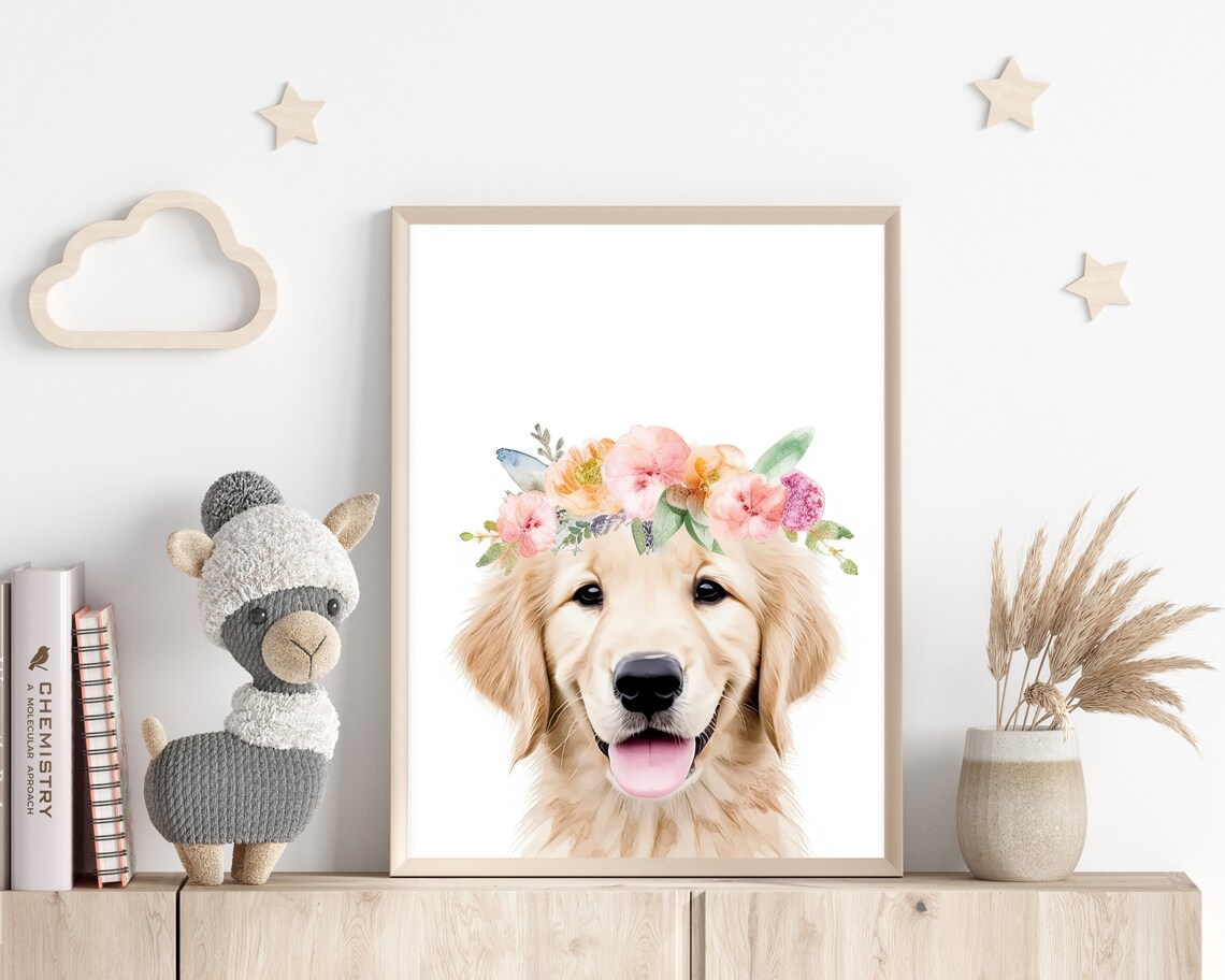 Golden Retriever Watercolor Art Print, Flower Crown - Image 3