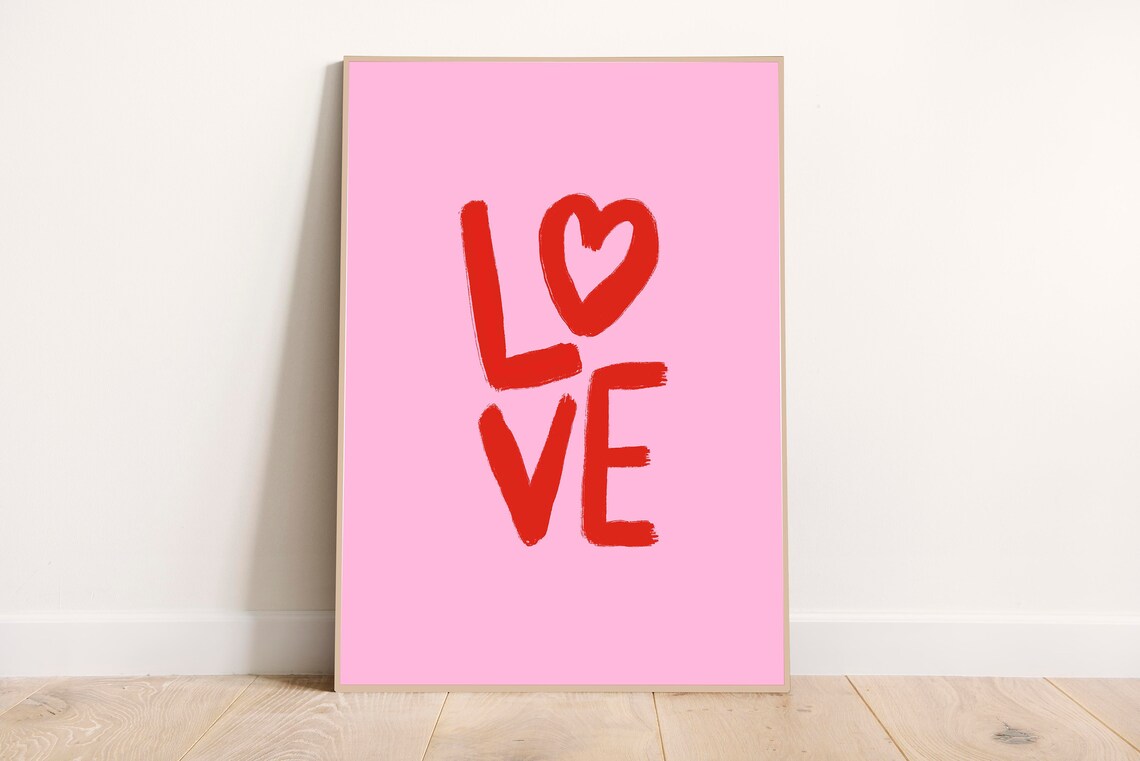 LOVE Heart Lettering Bold Red on Pink Modern Valentines Day Poster