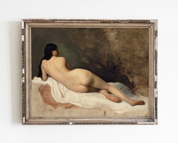 Vintage Nude Woman Portrait, Antique Oil Painting