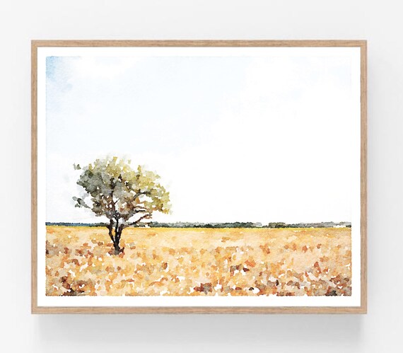 Tree Landscape Painting Watercolor Print Botanical Artwork Field Trees Country Decor Farmhouse Photography 16x20 18x24