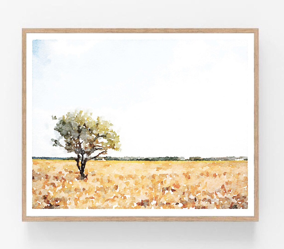 Lone Tree in Golden Field Watercolor Poster with Minimal Rural Landscape
