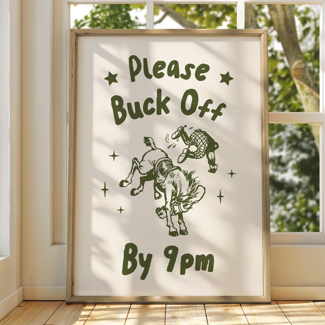 Please Buck Off By 9pm Funny Bucking Bronco Western Art Poster