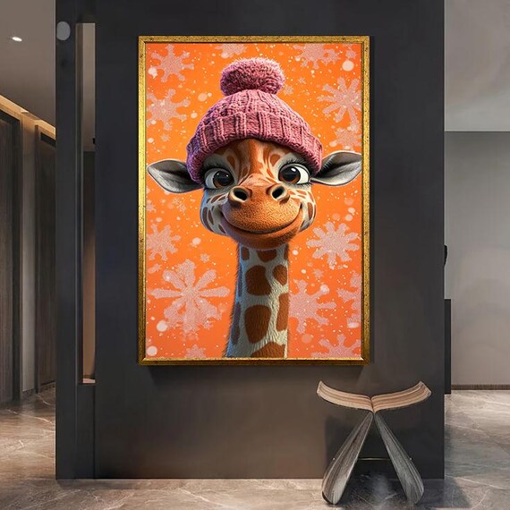 Cute Giraffe in Pink Knit Hat Orange Snowflake Background Nursery Wall Art