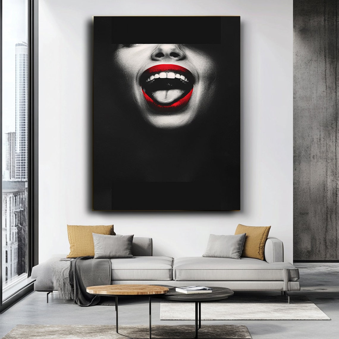 Laughing Red Lips Close Up In Black And White Bold Pop Art Poster - Image 3