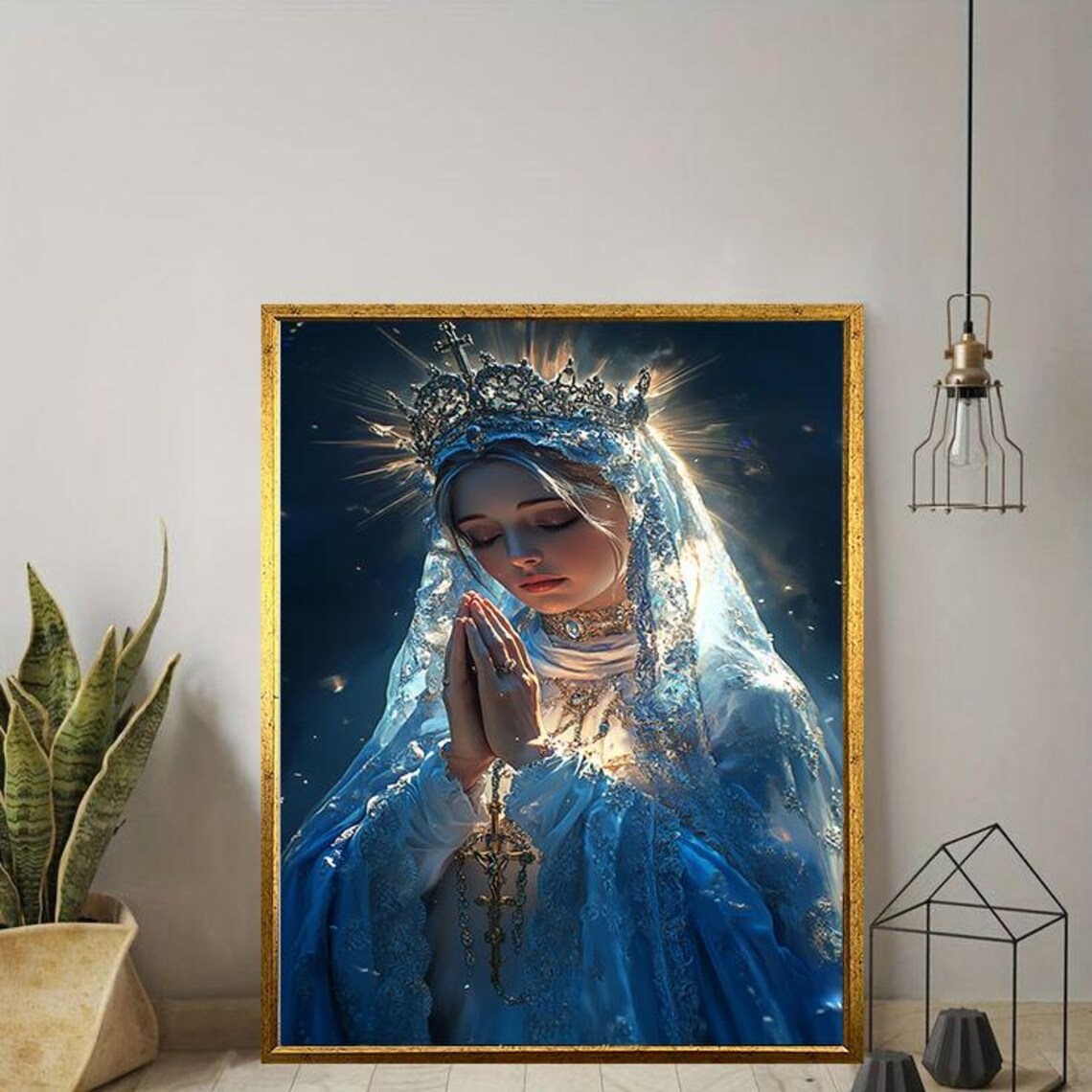 Virgin Mary Praying Crowned Blue Veil Glowing Halo Religious Art Poster