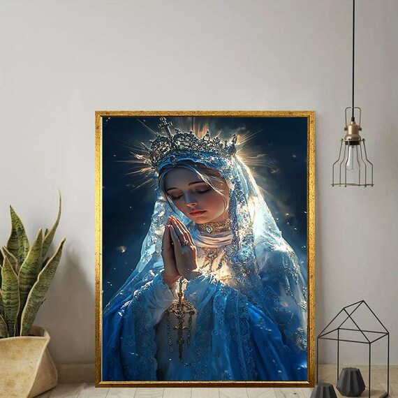 Virgin Mary Praying Crowned Blue Veil Glowing Halo Religious Art Poster