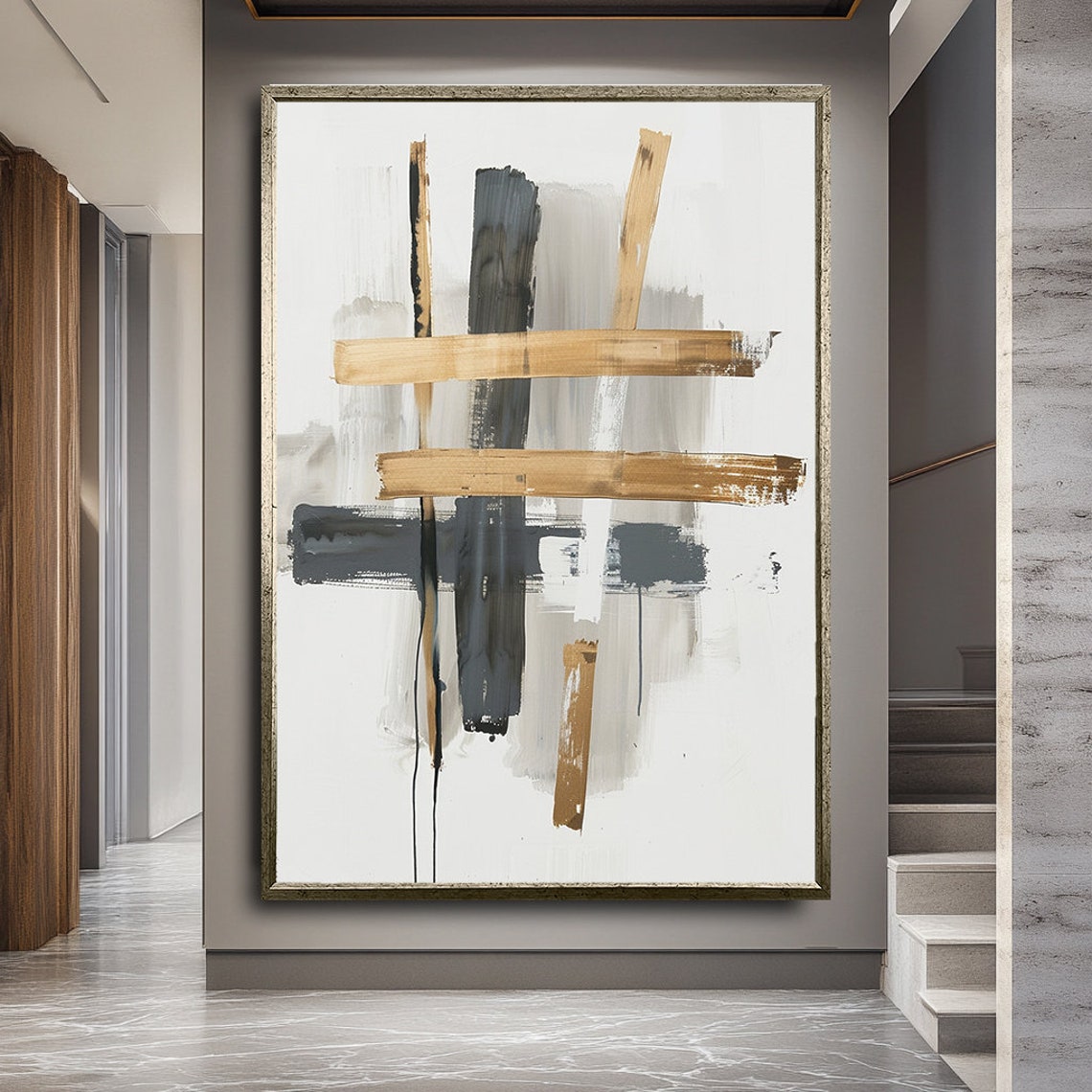 Tan Black Crosshatch Brushstroke Centered Minimal Abstract Poster - Image 3