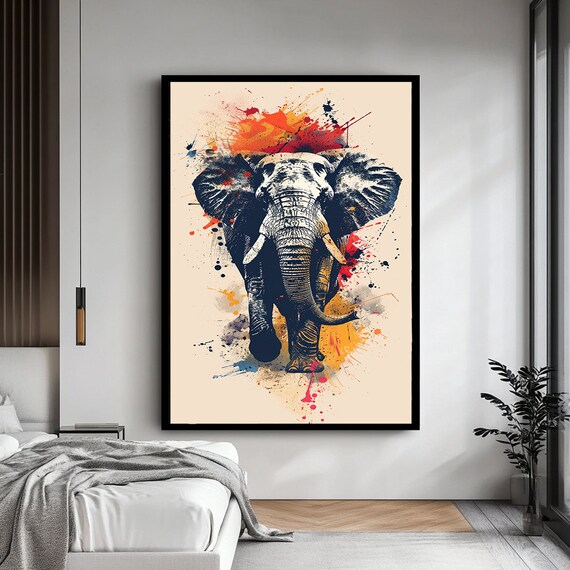 Elephant Head Pop Art Colorful Paint Splash Animal Wall Poster