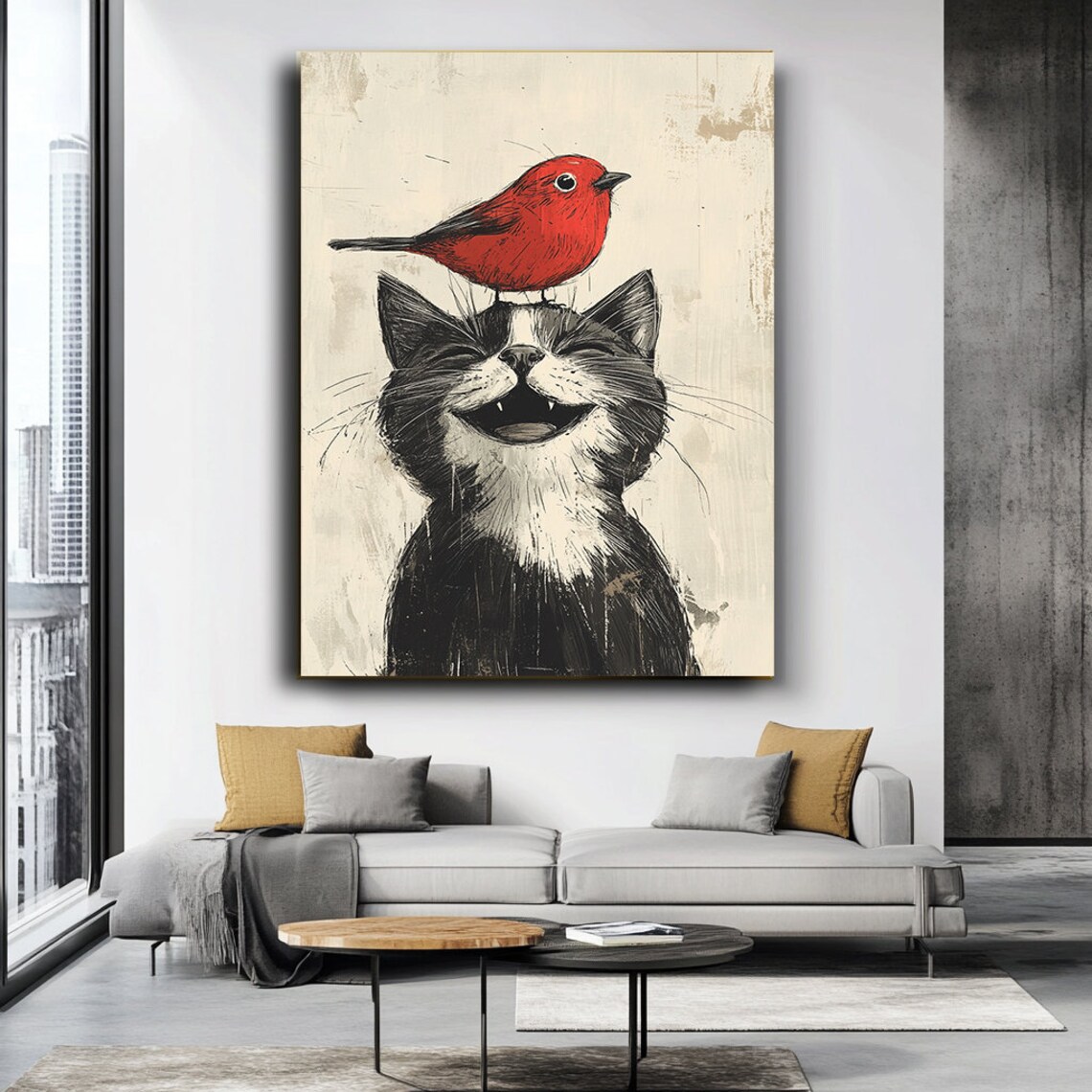Grinning Black Cat With Red Bird On Head Whimsical Distressed Art Poster - Image 3