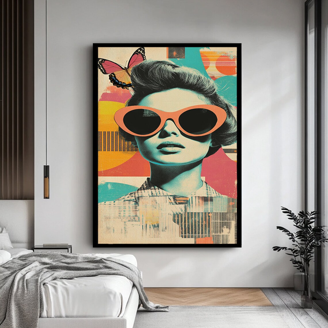 Pop Art Woman Orange Sunglasses Retro Collage Butterfly Bold Wall Art - Image 4
