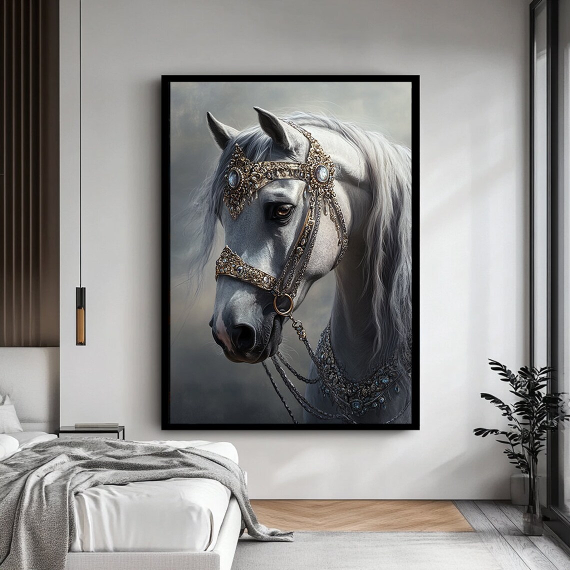White Horse Head In Jeweled Golden Bridle Majestic Equine Art Poster - Image 4