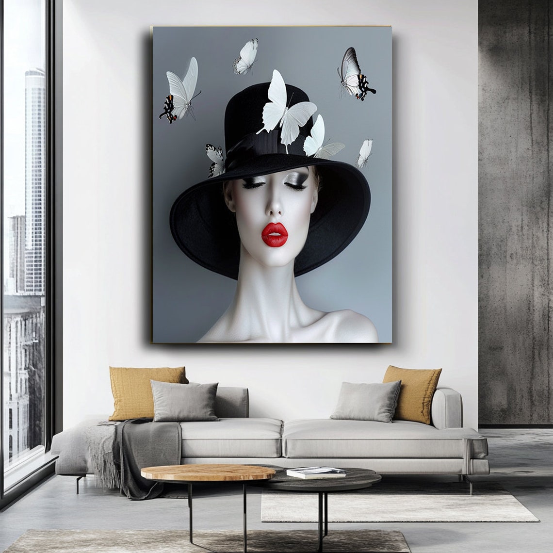 Monochrome Woman Black Hat Red Lips White Butterflies Poster - Image 4