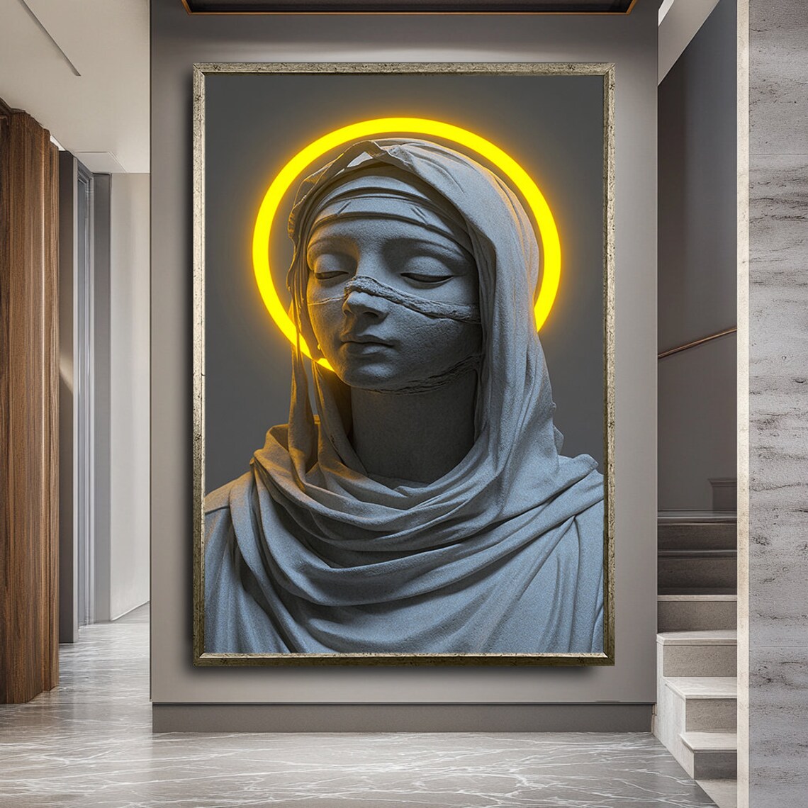 Virgin Mary Statue Glowing Halo Stone Sculpture Religious Sacred Art Wall Poster