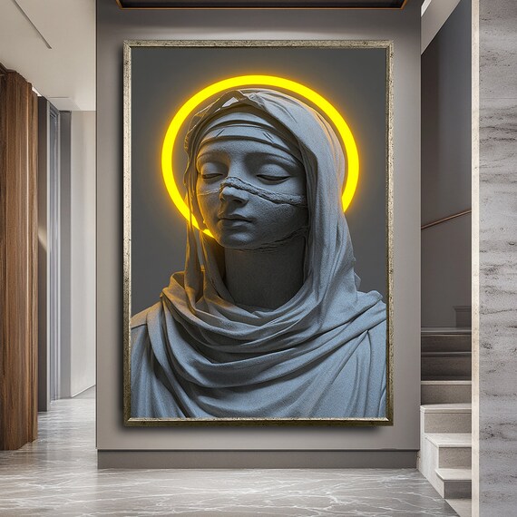 Virgin Mary Statue Glowing Halo Stone Sculpture Religious Sacred Art Wall Poster