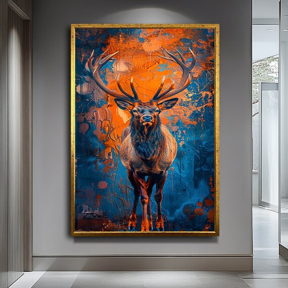 Majestic Stag Antlers Orange Blue Abstract Deer Wall Art Poster