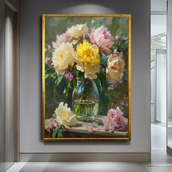 Colorful Flowers In Vase Art Modern Floral Painting Vibrant Flower Wall Decor Abstract Vase Artwork For Living Room Bold Home Decor