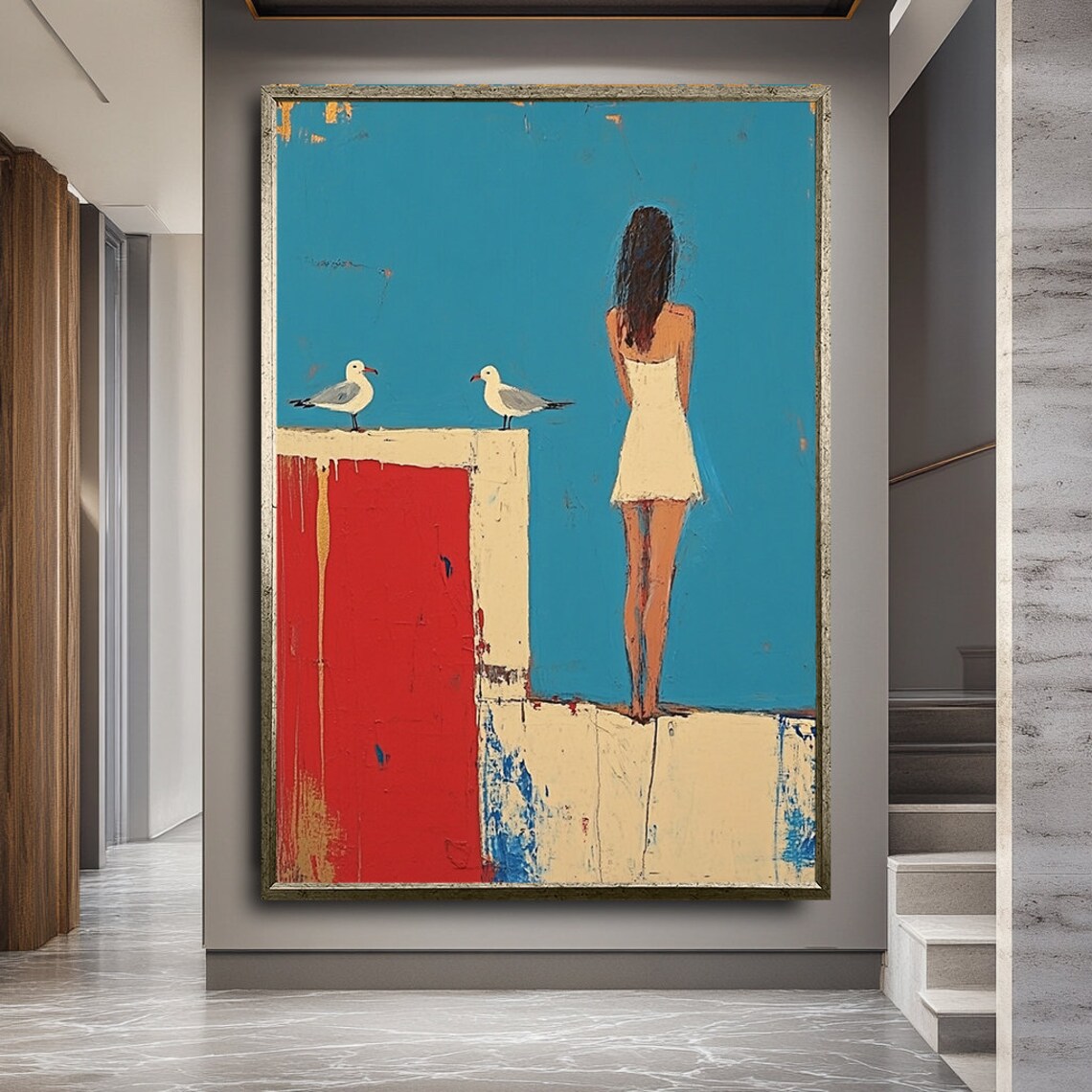 Girl With Seagulls on Coastal Wall Contemporary Minimalist Art Poster - Image 2