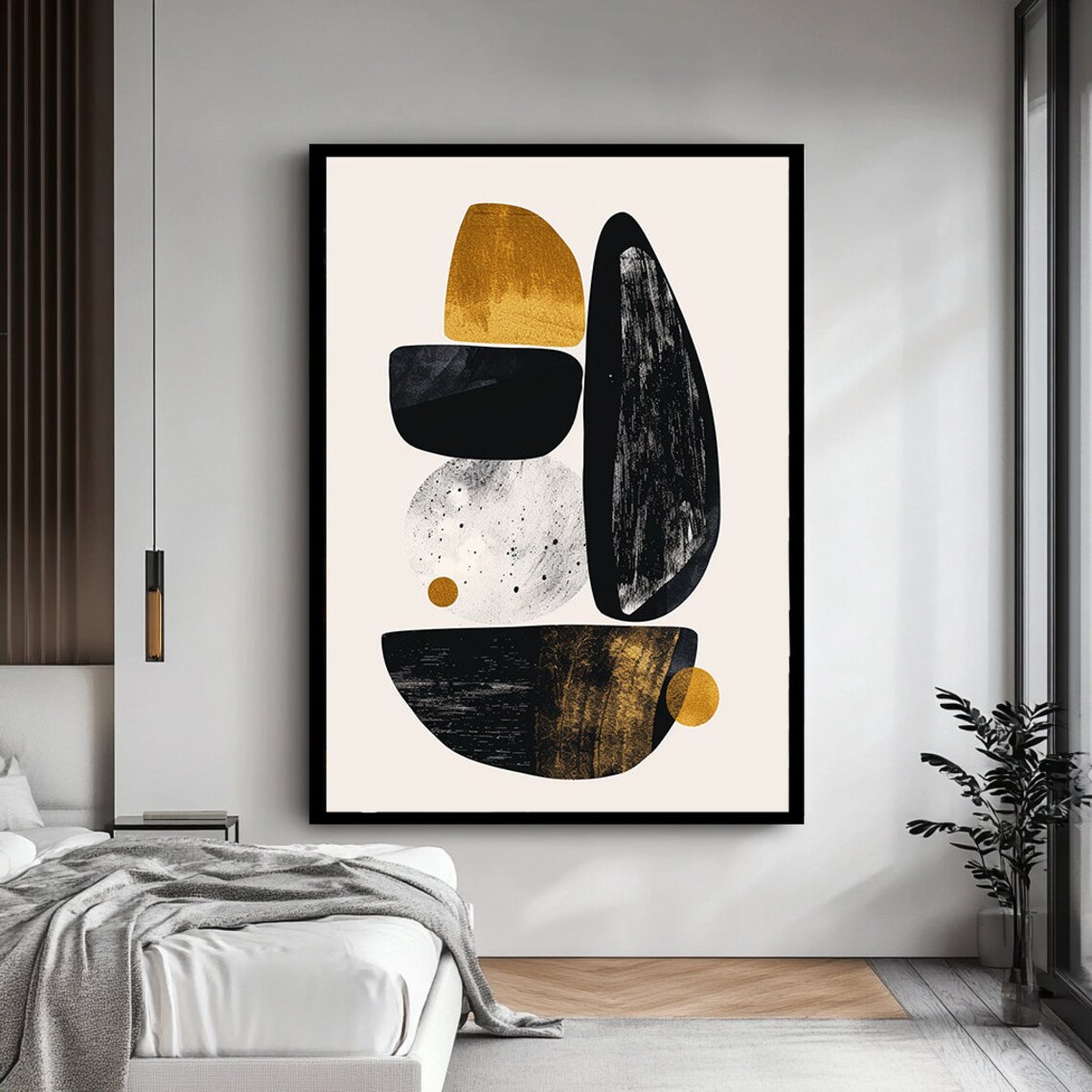 Minimalist Black Gold Geometric Stone Shapes Modern Abstract Art Print