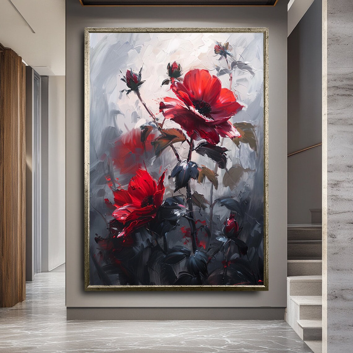 Abstract Red Flowers Oil Painting Bold Floral Impasto Poster