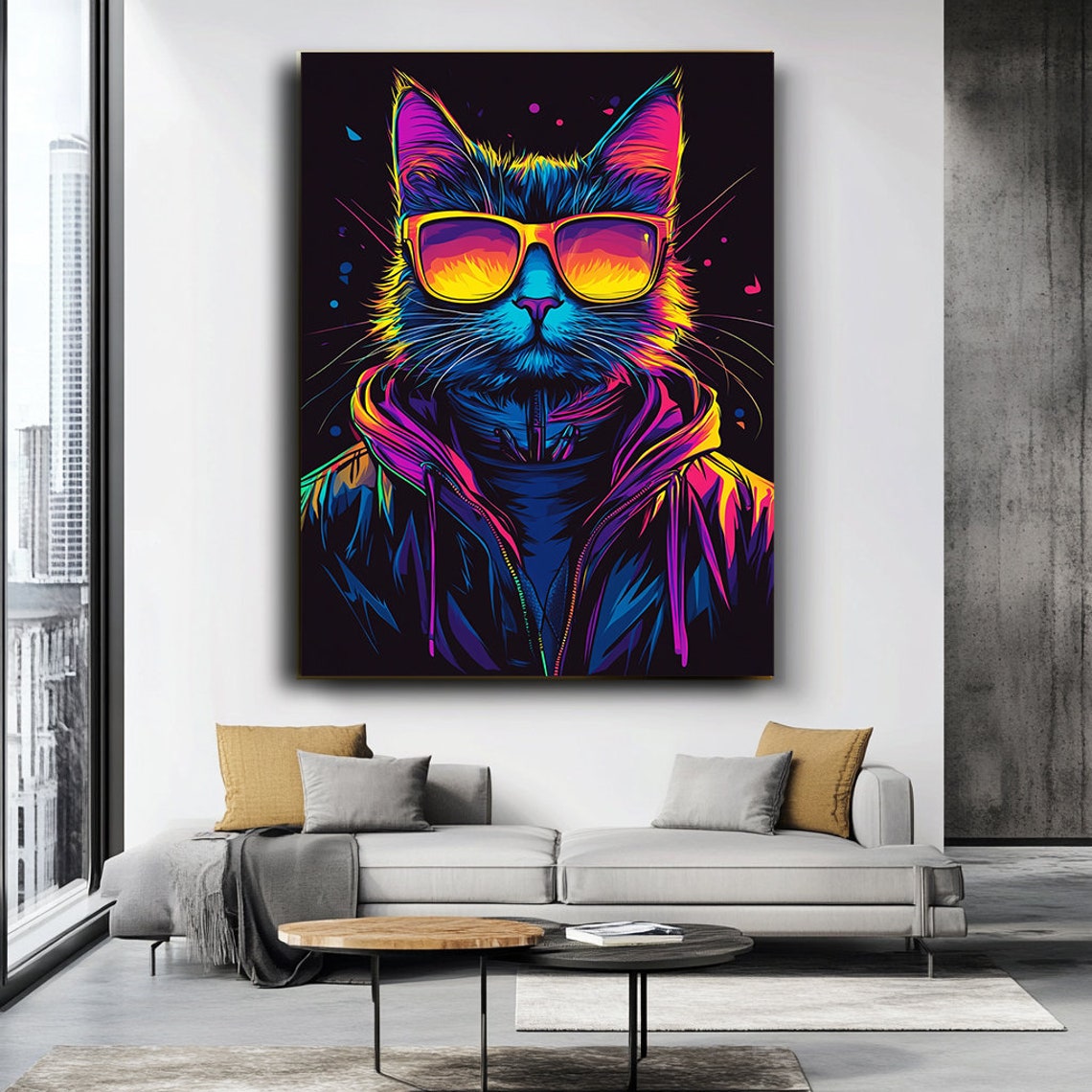 Neon Pop Art Cat Wearing Sunglasses Cool Colorful Animal Poster - Image 3