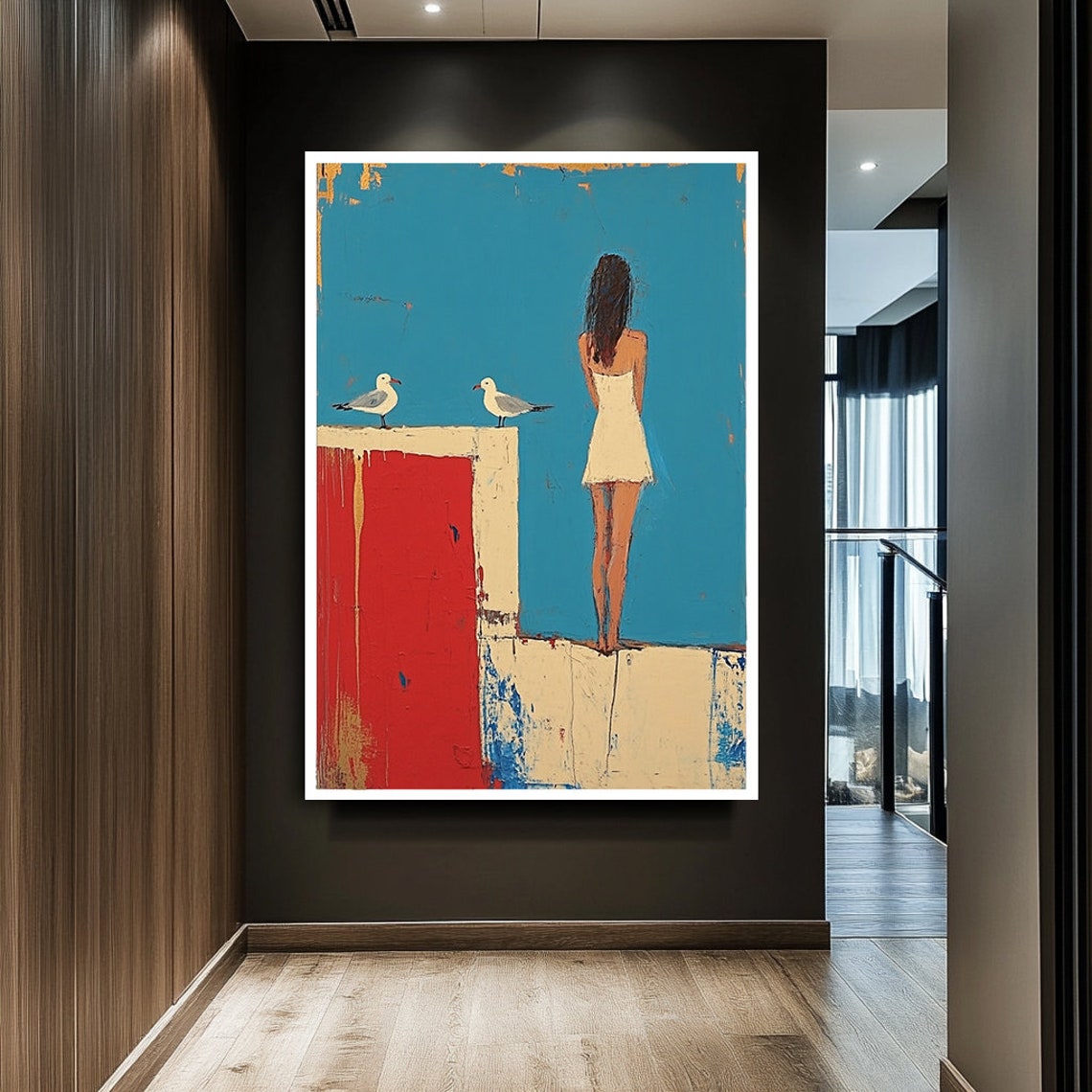 Girl With Seagulls on Coastal Wall Contemporary Minimalist Art Poster