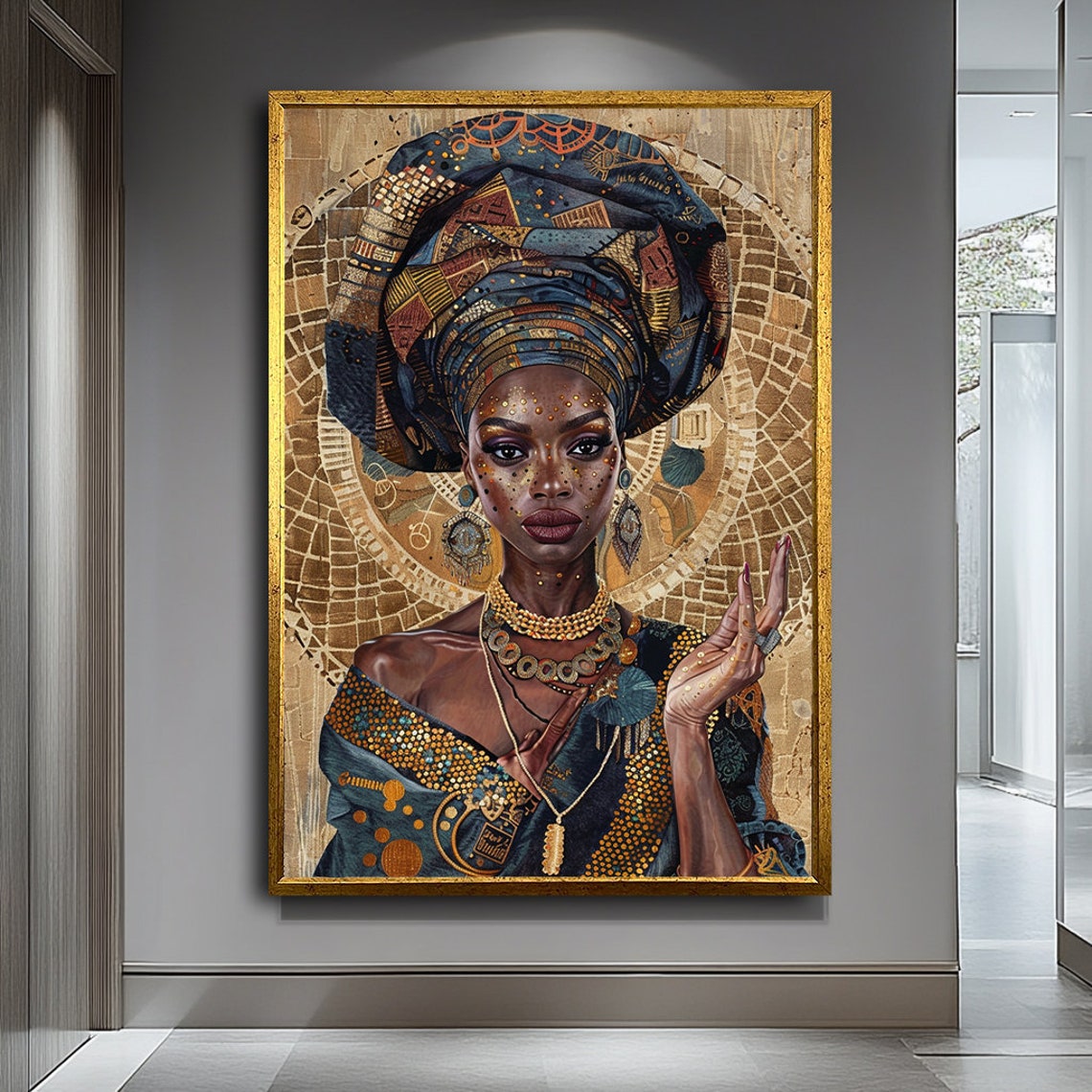 African Woman In Blue Patterned Headwrap With Gold Adornments Poster