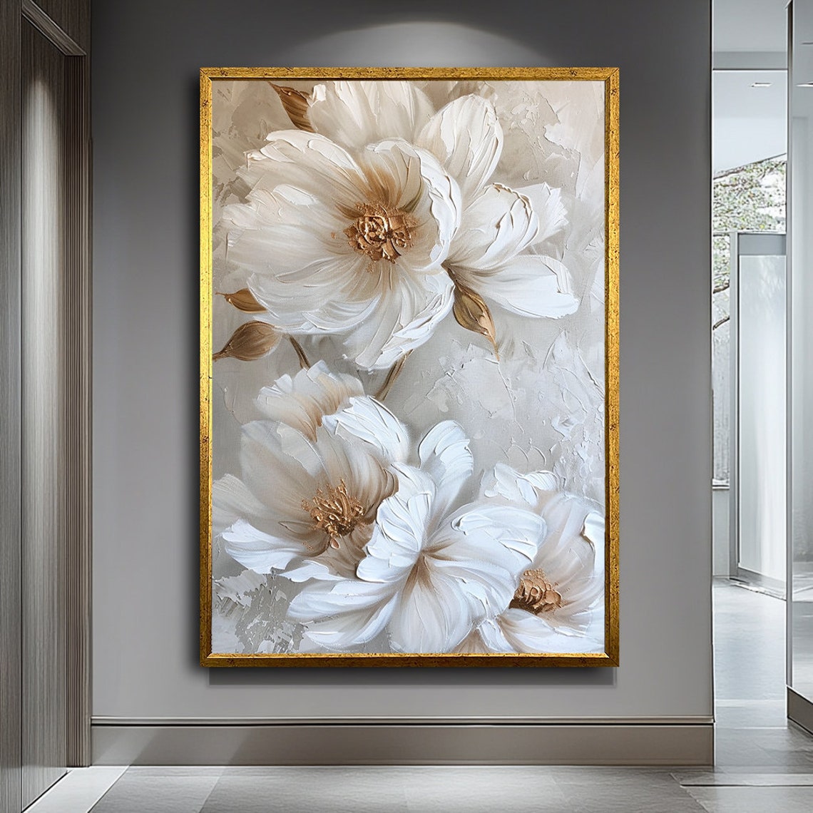 White Peonies Gold Frame Elegant Floral Botanical Art Wall Poster