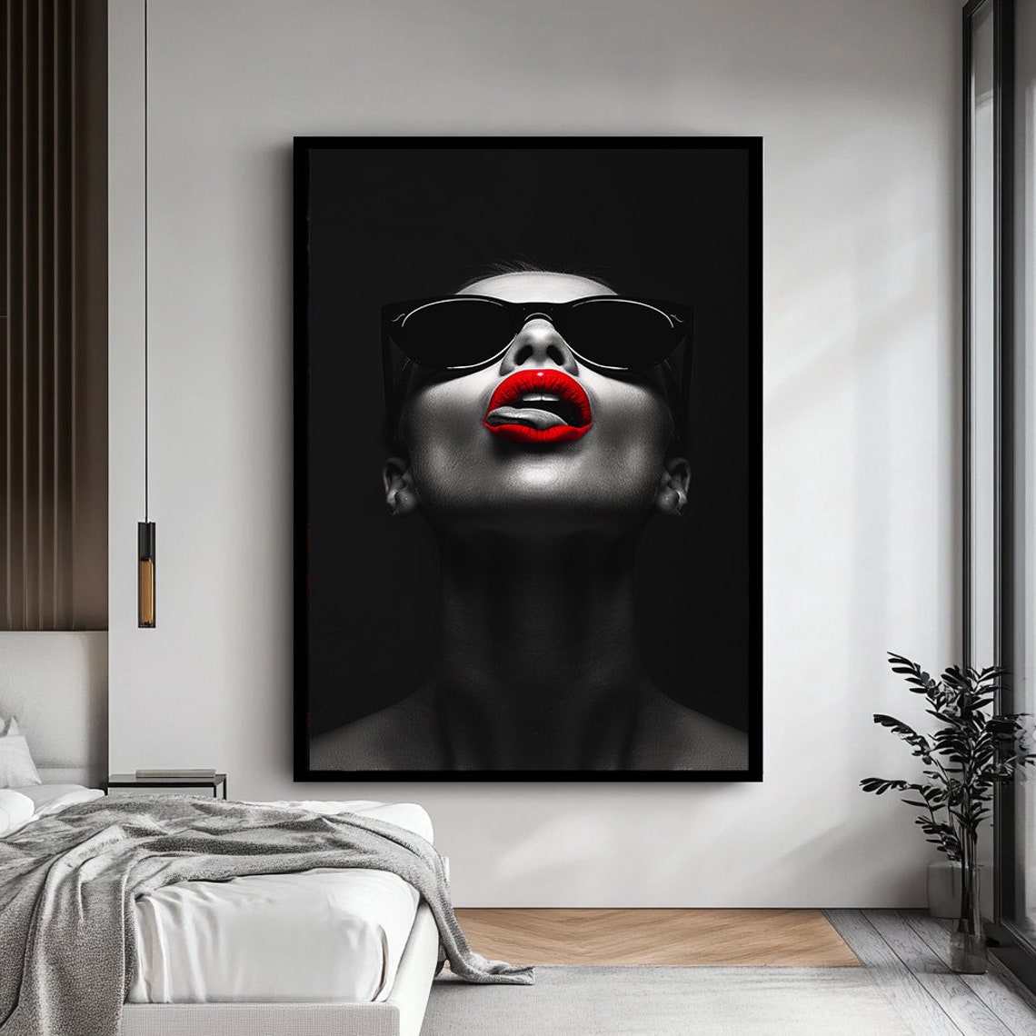 Stylish Woman In Sunglasses With Bold Red Lips Black White Wall Art - Image 4