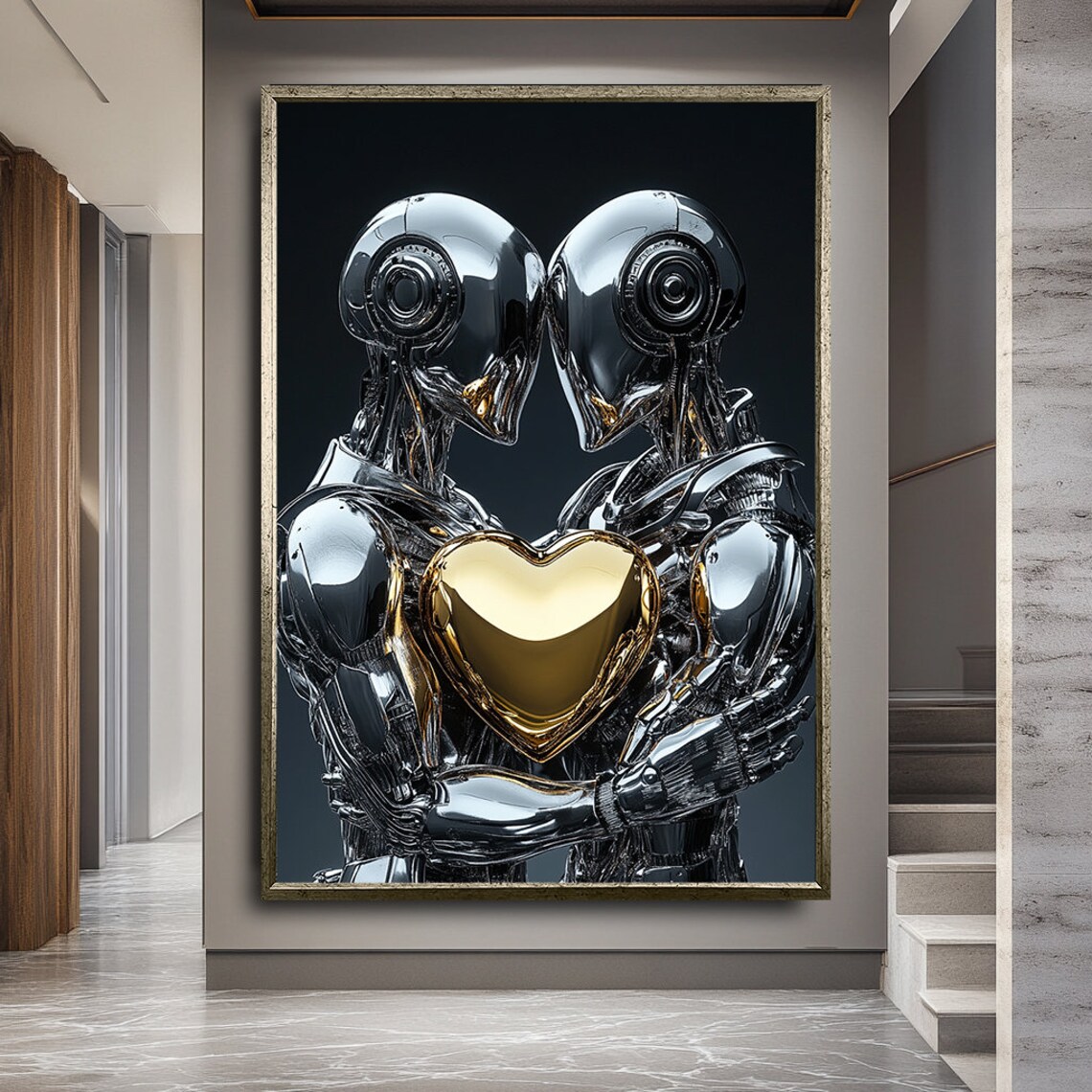 Two Chrome Robots Embracing Holding A Golden Heart Sci Fi Love Poster