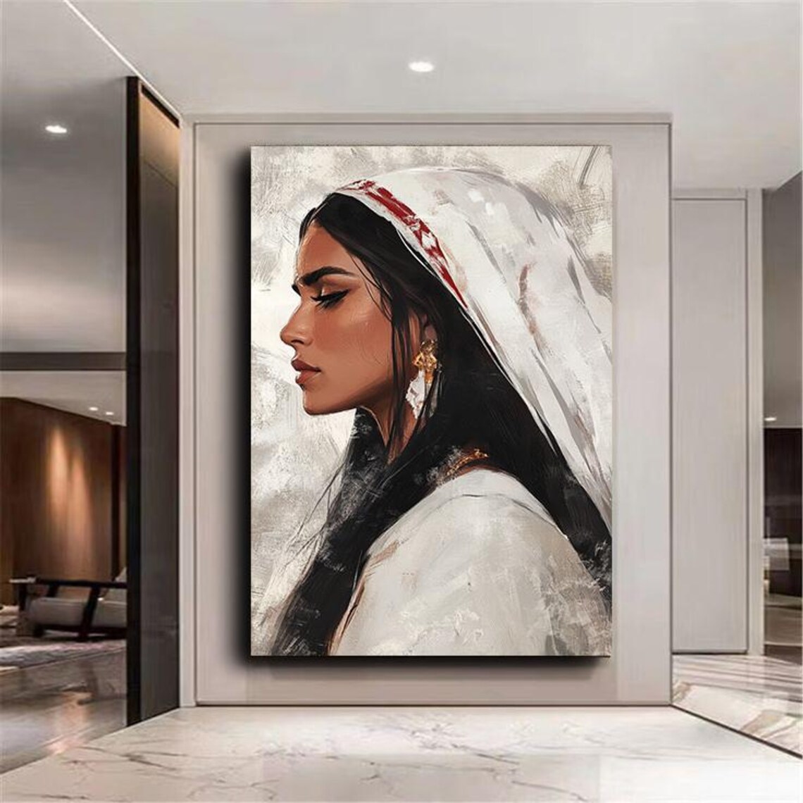 Woman in Traditional White Attire Timeless Cultural Portrait Gold Wall Art - Image 3
