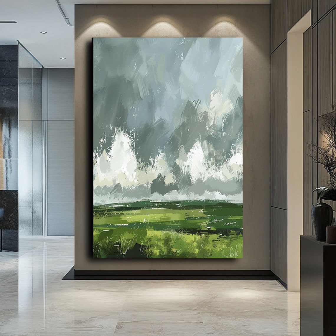 Impressionist Green Meadow Field Dramatic Sky Painterly Art Poster