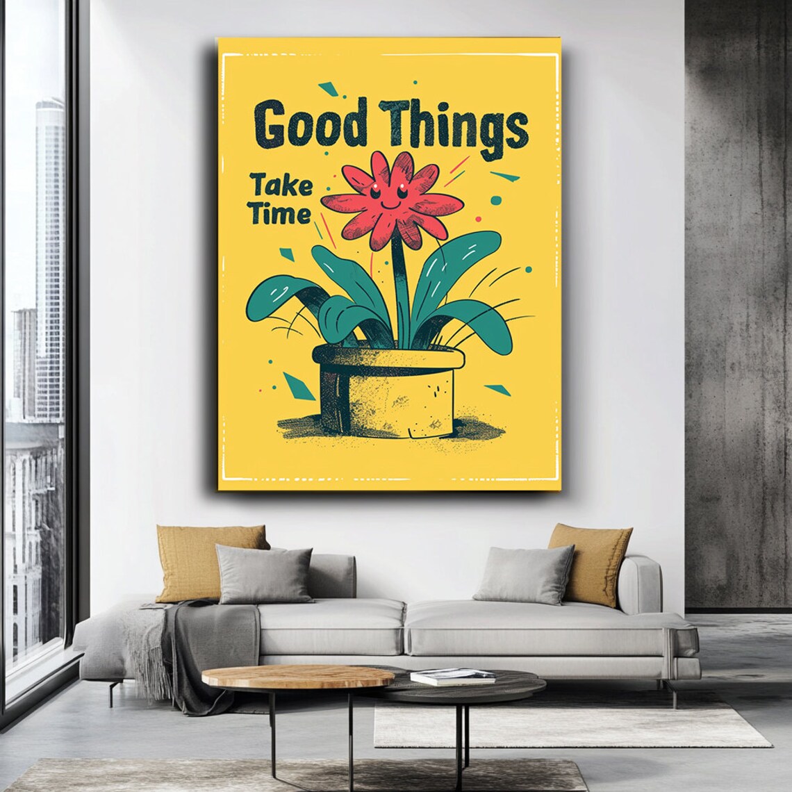 Good Things Take Time Quote Smiling Flower Yellow Wall Art Poster - Image 4
