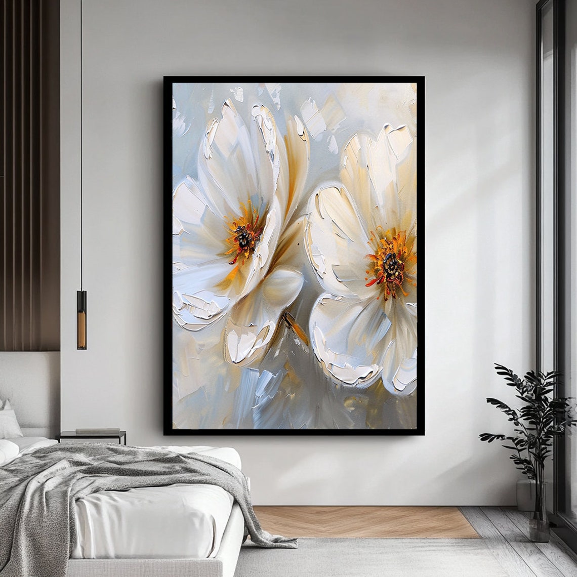 White Cream Flowers Impasto Textured Botanical Elegance Poster - Image 4