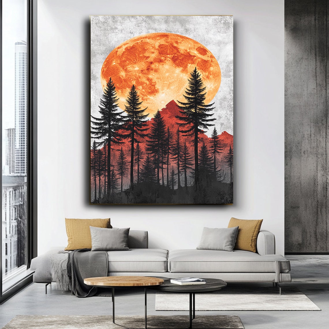 Giant Orange Moon Over Pine Forest Mountains Night Sky Poster - Image 3