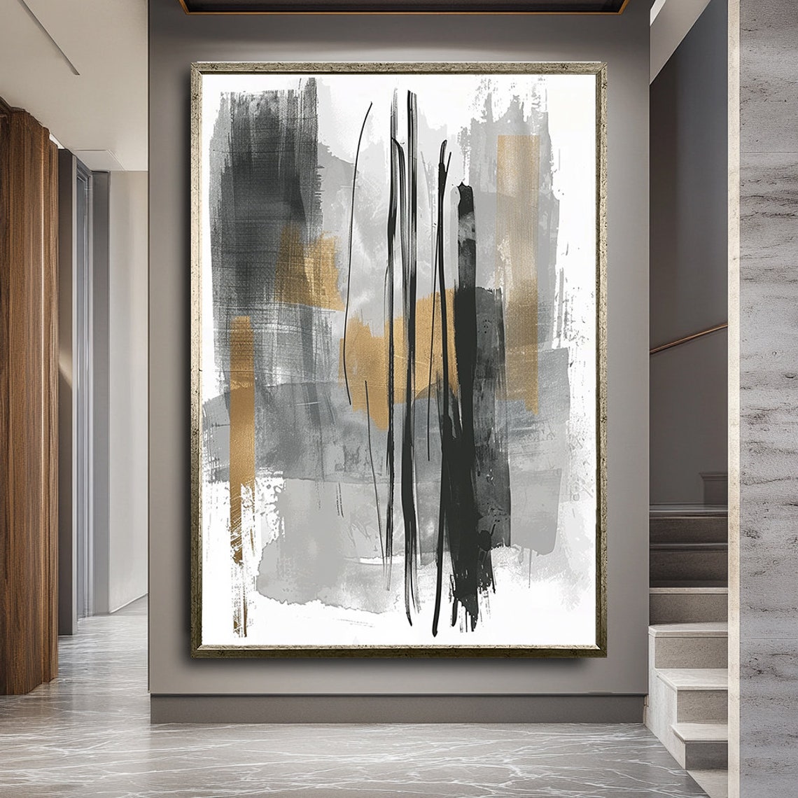 Black Grey Gold Vertical Brushstroke Abstract Minimalist Art Poster - Image 2