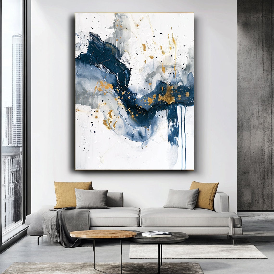 Navy Blue Gold Watercolor Abstract Fluid Ink Modern Art Poster