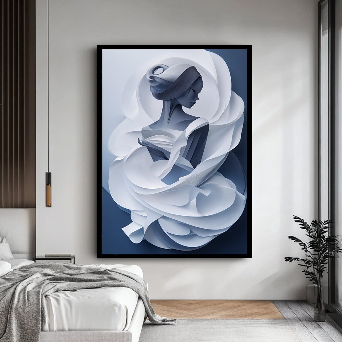 Abstract White Blue Woman Flowing Fabric Minimalist Elegant Art Wall Poster - Image 4