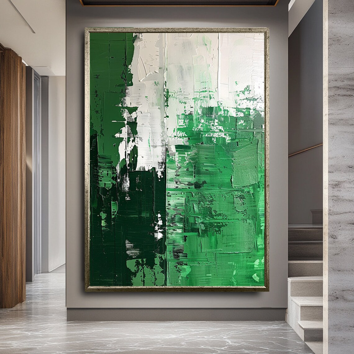Emerald Green White Black Abstract Textured Oil Painting Poster - Image 3