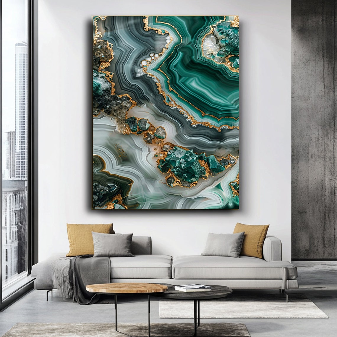 Emerald Green Agate Geode Slice Gold Leaf Edges Luxury Art Poster - Image 3