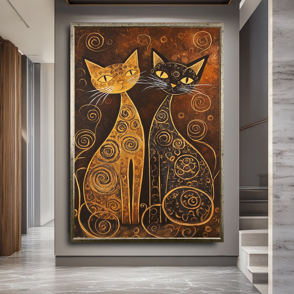 Two Stylized Gold And Black Cats With Spiral Patterns Decorative Poster - Image 2
