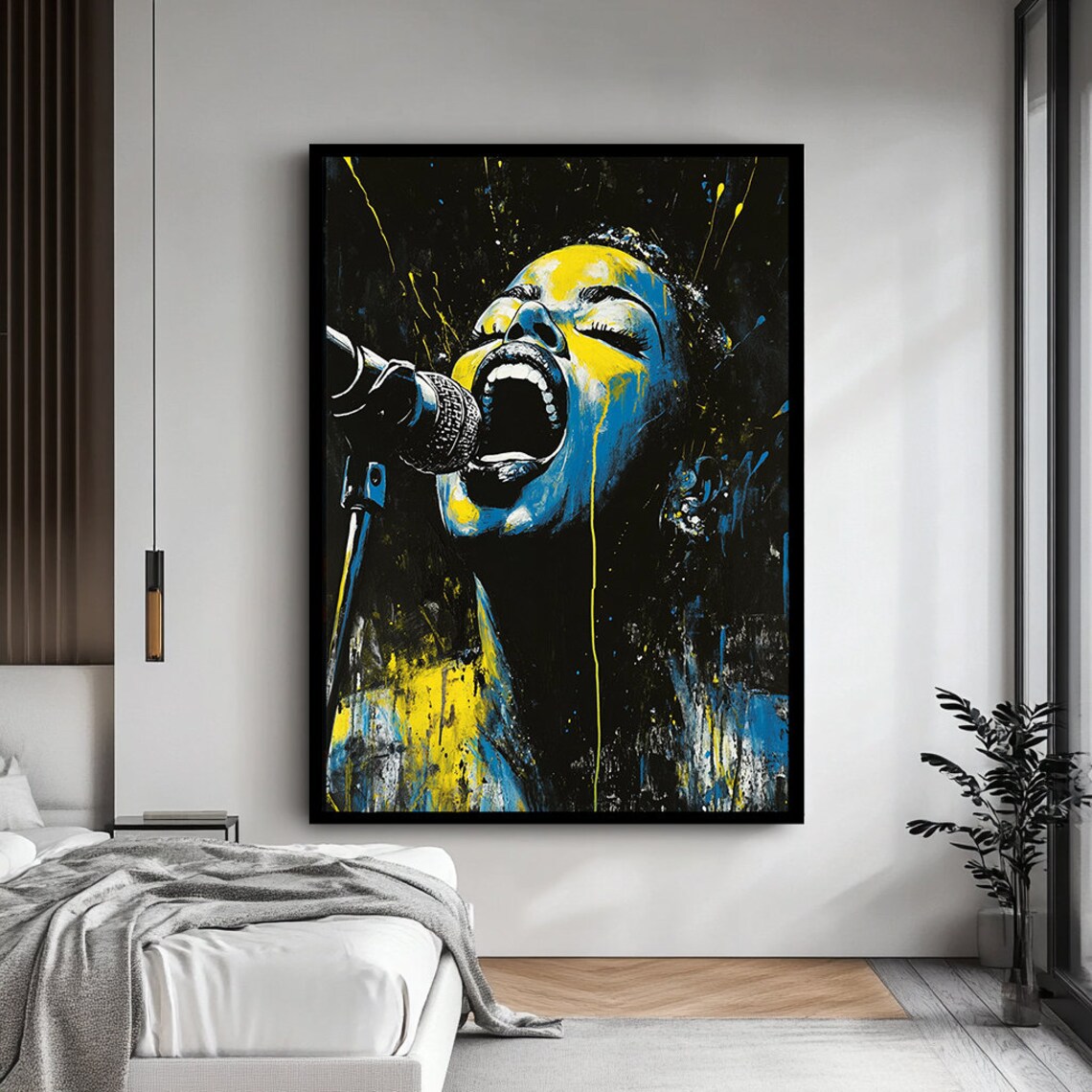 Black Blue Yellow Female Singer Microphone Pop Art Style Wall Art Print - Image 4