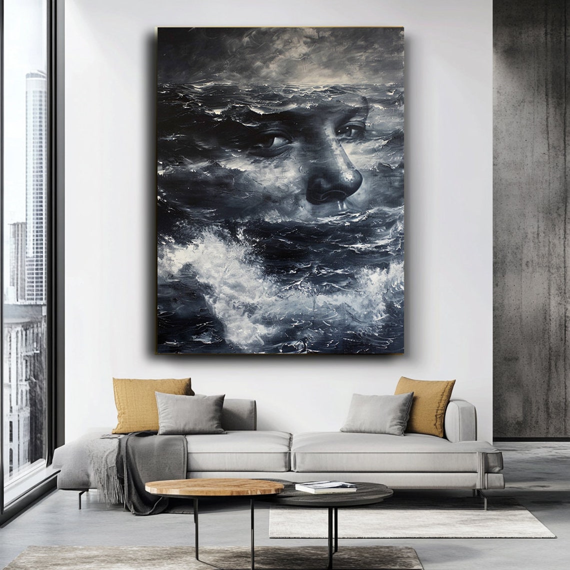 Ocean Waves Man Face Surreal Monochrome Sea Portrait Art Poster - Image 4