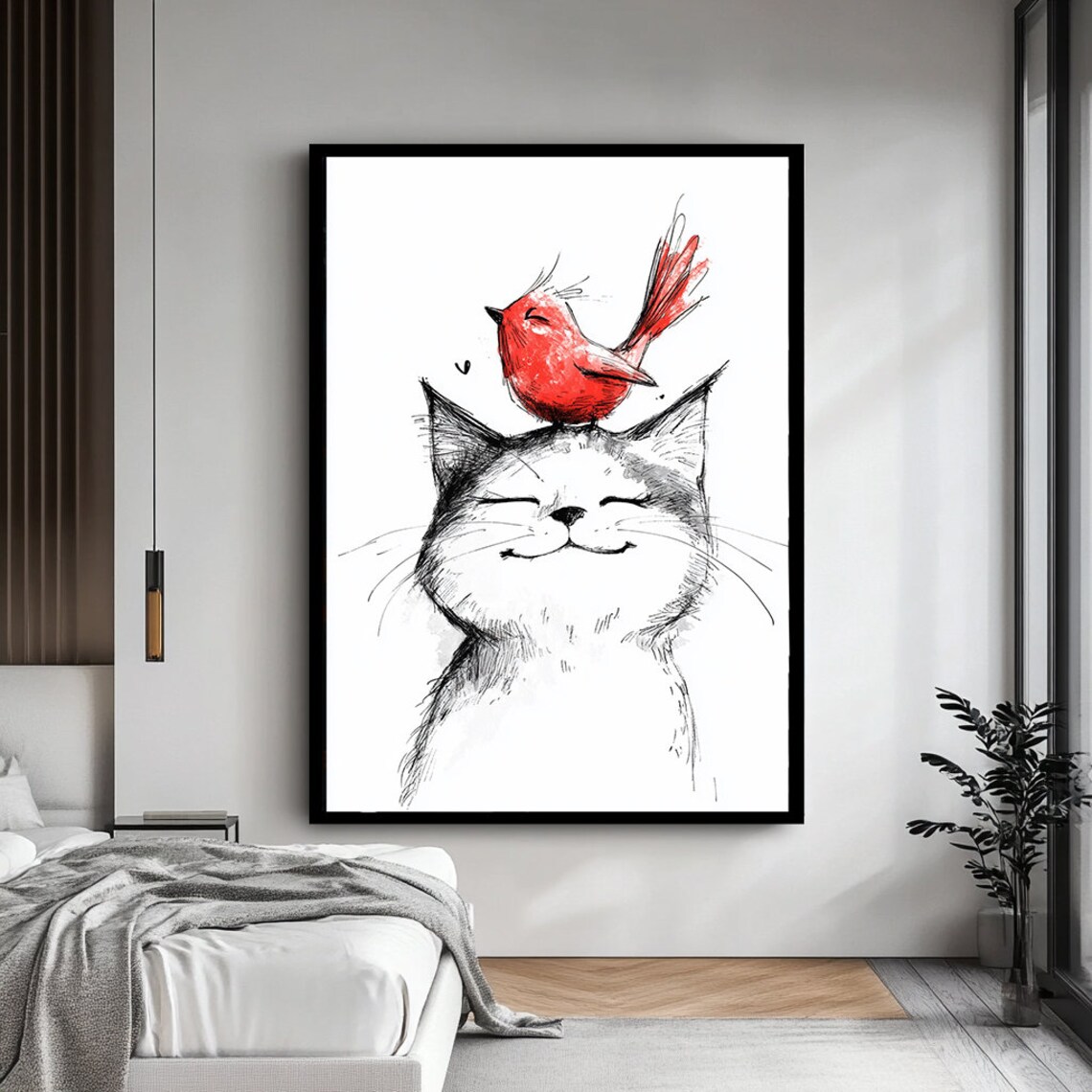 Smiling Cat With Red Bird Perched On Head Minimalist Ink Sketch Poster