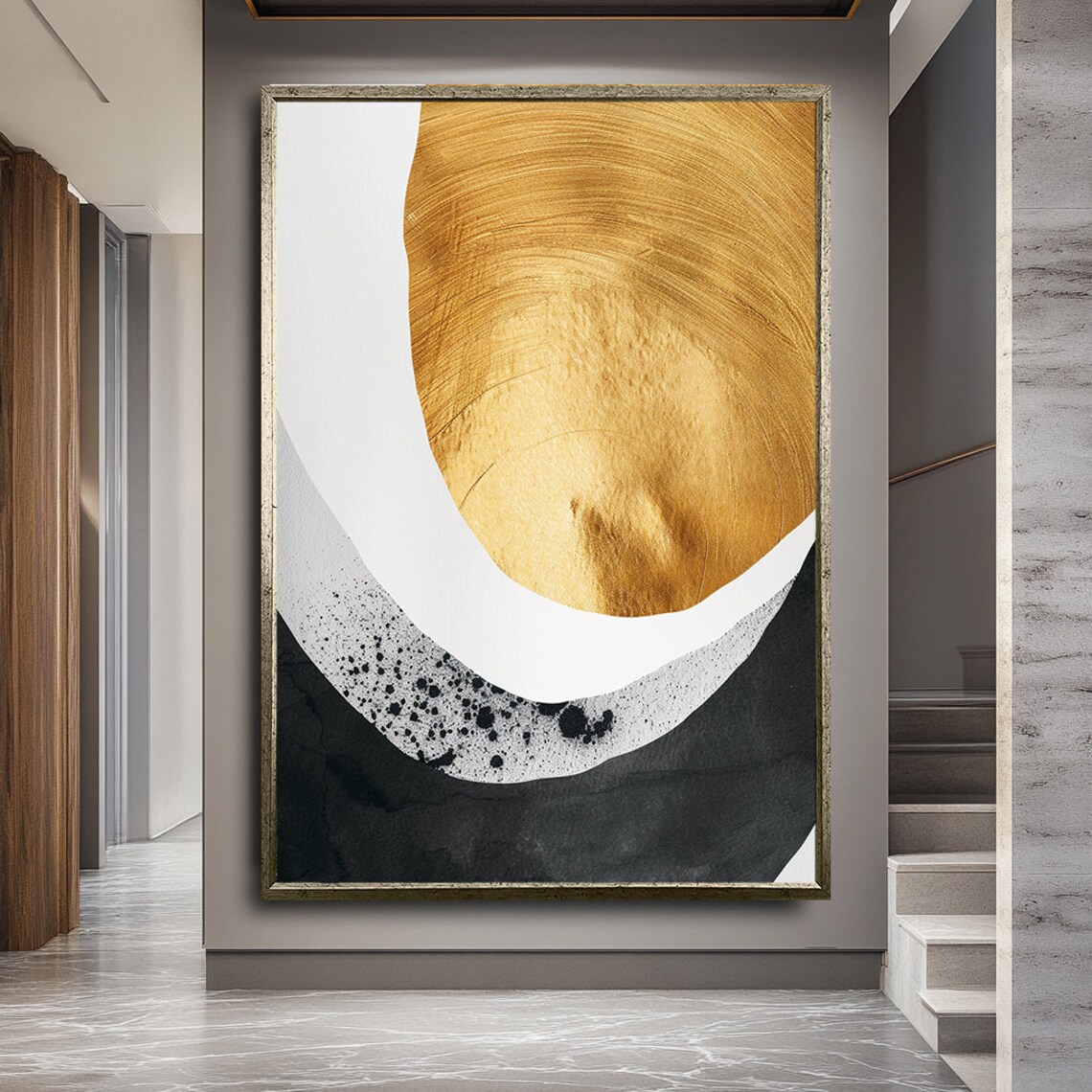 Gold Sun Disc Black White Curves Minimalist Abstract Art Poster - Image 2